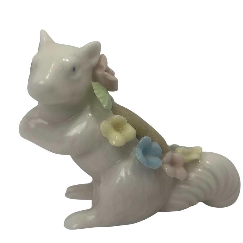 VTG Ardalt White Porcelain Squirrel Pin Cushion Pastel Colored Flowers Japan 4"